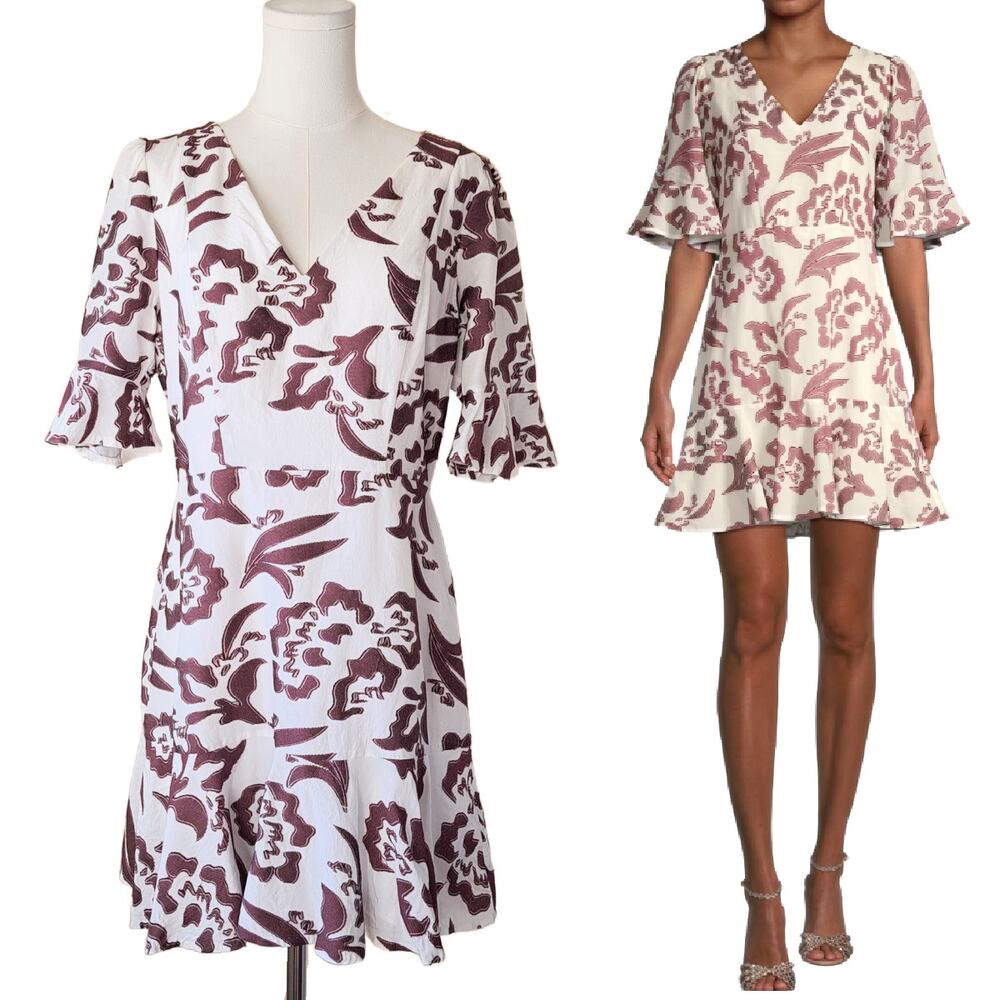 REBECCA TAYLOR Jacquard Amea Floral Ruffle Mini Dress Size 10 Burgundy White